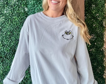 Womens Corded Pullover, Embroidered Christmas Sweatshirt, Christmas gift for women, Christmas Grinch, Grinch Shirt