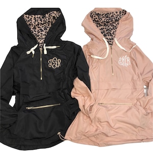 Rain Jacket, Womens Monogrammed Rain Coat, leopard print wind breaker, monogrammed pullover