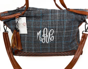 Monogram totebag, monogrammed women’s handbag, holiday plaid handbag, personalized gift for women, monogram plaid purse, Embrodiered bag