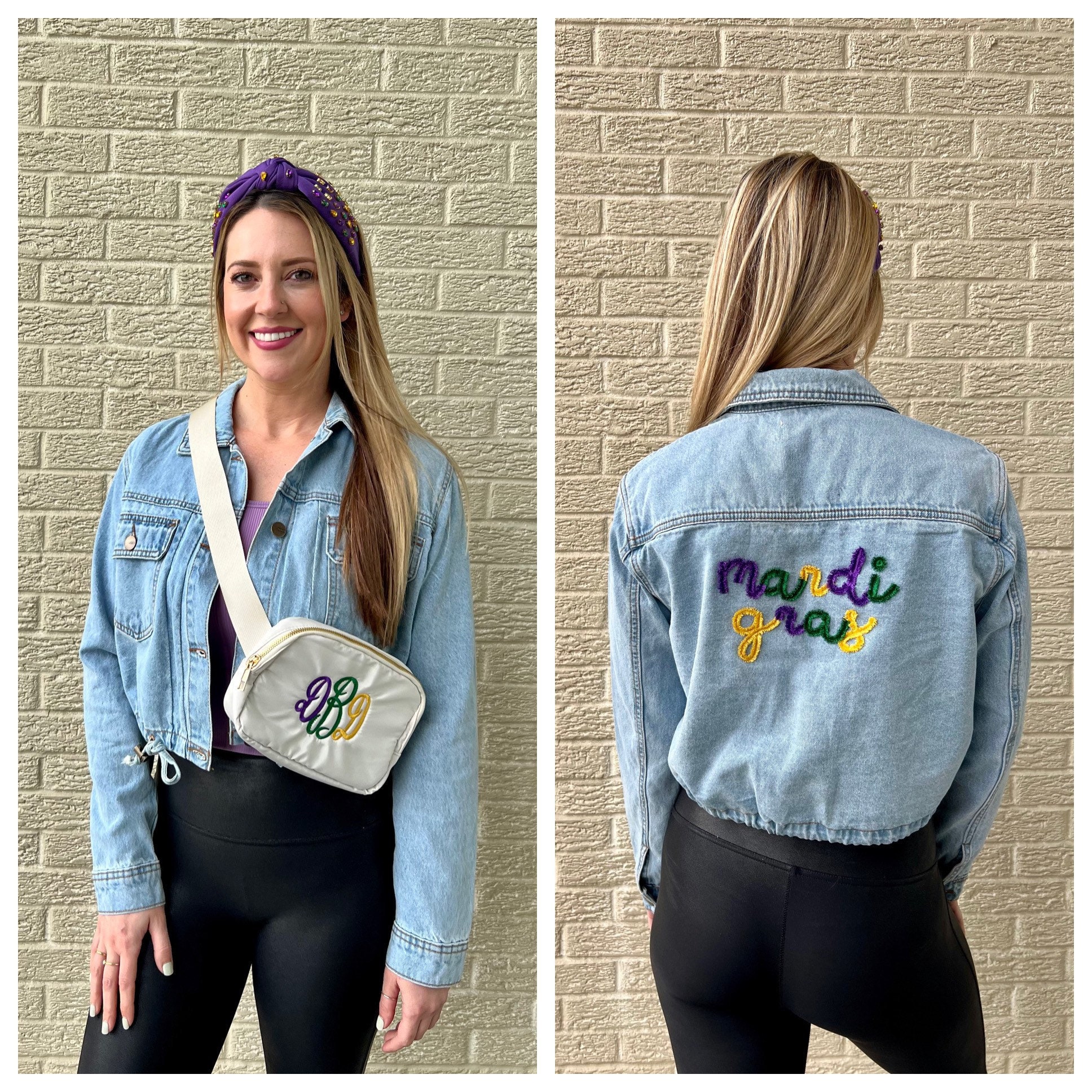 Mardi Gras jeans jacket /Fleur De Lis jeans jacket/ Rhinestone Fringe –  Sheissarashop