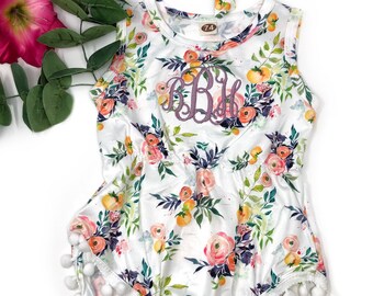 Body floral para niña, monograma personalizado y diadema