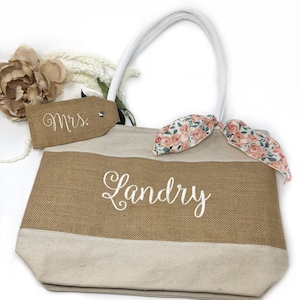 Monogrammed/embroidered MRS. Burlap tote bag