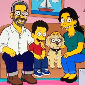 May include: A cartoon-style illustration of a family of three with yellow skin sitting on a brown sofa with a small dog. The family includes a man with glasses, a boy in a red shirt, and a woman, all depicted in a living room setting.