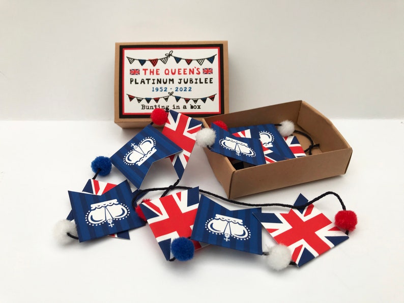 Queens Jubilee MINI paper bunting with pom poms in a matchbox 