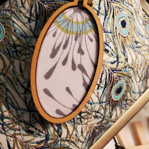 Può includere: Un telaio da ricamo in legno con un tessuto grigio e blu all'interno. Il tessuto presenta un motivo di piccole forme grigie a forma di lacrima. Il telaio è appoggiato su un tessuto con un motivo a piume di pavone.