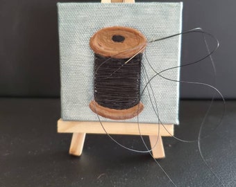 Needle and Thread - Original encaustic painting with easel