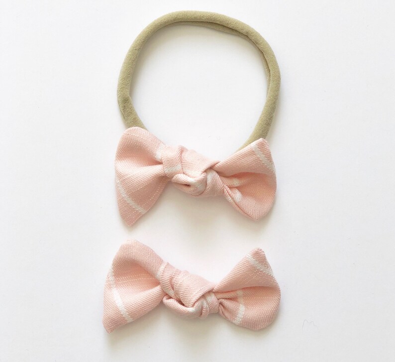 Knot Bow nylon headband or alligator clip Pink with White Stripes