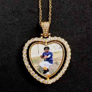 Custom Gold Double sided Photo heart pendant with necklace, Cubic Zirconia, For women and men, Picture Necklace, gift for mom, memorial gift