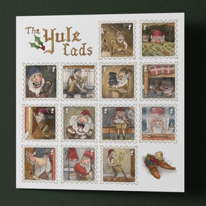 May include: A vintage-style illustration of 12 Yule Lads, each depicted in a separate frame. The illustration is in a watercolor style with a whimsical and festive feel. The Yule Lads are depicted as mischievous and playful characters, each with their own unique personality and appearance.