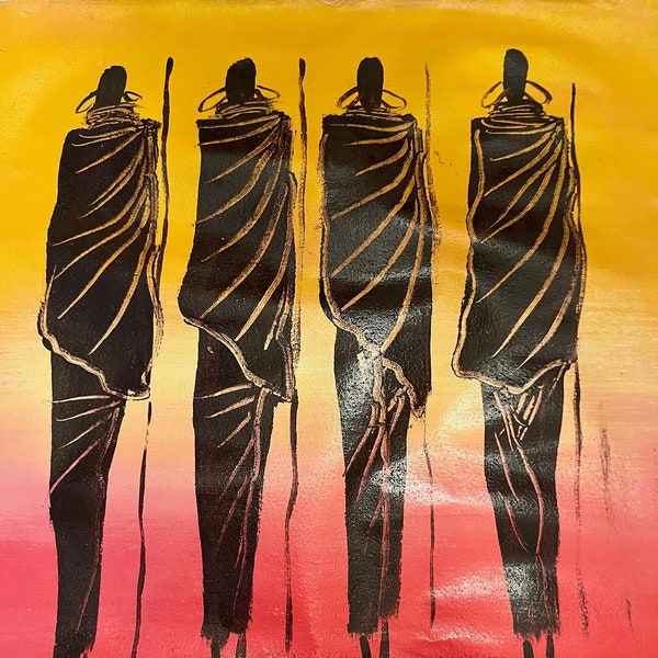 African Maasai Warriors- Modern Acrylic Painting- signed- early 2000-14" X 15.5"