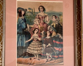 Vintage gerahmt und verfilzt Kunstdruck-Französisch Mode Illustration- 1800's