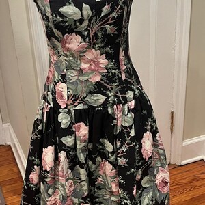 Vintage 1980&#39;s- S. G. Gilbert Black Floral Cotton Drop Waist Bubble Hem Strapless Dress