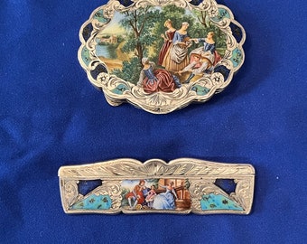 Antique-Compact and Comb Set-800 Silver-Made in Italy- Hand Painted Enamel
