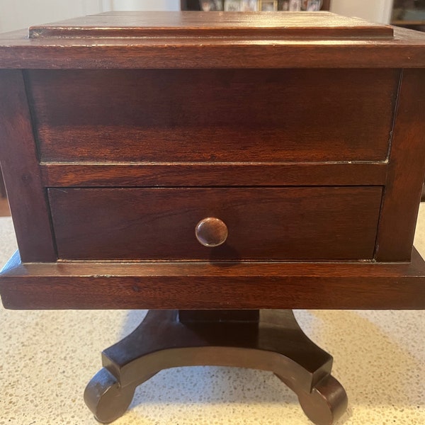 Large Antique 10"sq Wooden Ink Well/Multi- Purpose Box with Drawer and Mirror on Pedestal Base