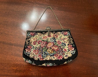 Vintage Petit- Point Handtasche - Schwarz mit Bunten Blumen -1950 oder früher