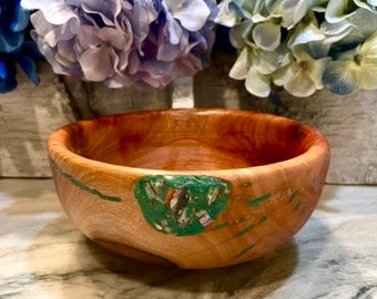 Hand Carved Avocado Wood Bowl with Gemstone Inlay by Jack Cousin