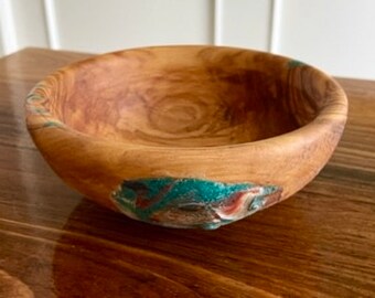 Hand Carved Olive Wood Nut Bowl with Mother of Pearl and Turquoise Inlay by Jack Cousin