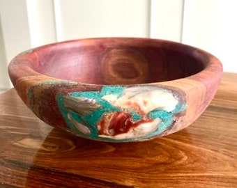 Hand Carved Eucalyptus Wood Fruit/Nut Bowl with Mother of Pearl and Turquoise Stone Inlay by Jack Cousin