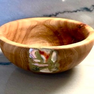 Hand Carved Avocado Nut Bowl with Mother of Pearl and Green Stone Inlay by Jack Cousin image 1