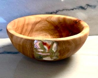 Hand Carved Avocado Nut Bowl with Mother of Pearl and Green Stone Inlay by Jack Cousin