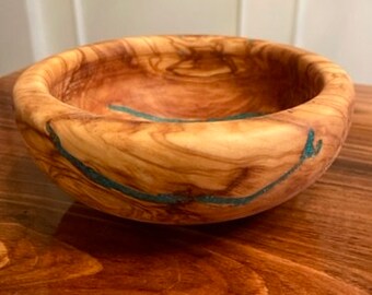 Hand Carved Olive Wood Nut Bowl with Mother of Pearl and Turquoise Stone Inlay by Jack Cousin