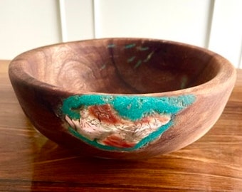 Hand Carved Eucalyptus Wood Fruit and Nut Bowl with Mother of Pearl and Turquoise Stone Inlay, by Jack Cousin