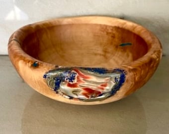 Hand Carved Olive Wood Bowl with Lapis Inlay by Jack Cousin