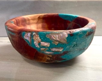 Hand Carved Eucalyptus Wood Bowl with Inlaid Mother of Pearl and Turquoise Stone by Jack Cousin