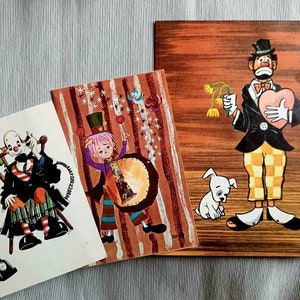 3 cartões de felicitações de palhaço vintage