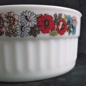 May include: White ceramic baking dish with a floral design around the rim. The flowers are red, pink, blue, and white.