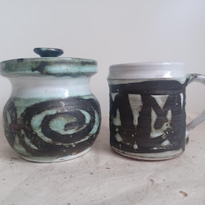 Sylvan Wye Wales vintage studio pottery lidded conserve pot and mug