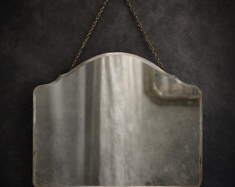 Antique Scalloped Mirror – Frameless Arched Wall Decor, Vintage Chain Hanging