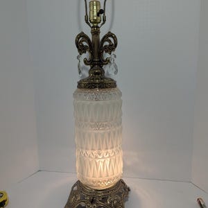 Vintage Hollywood Regency Frosted Glass & Brass Crystal Lamp