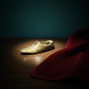 May include: A small, antique-style brass shoe figurine. The shoe is a classic oxford style with laces and a pointed toe. It sits on a wooden surface, with a dark red fabric in the background. The shoe is approximately 4 inches long.