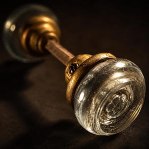 Può includere: Un set di pomelli per porta in stile vintage composto da due pomelli circolari in vetro trasparente con un motivo floreale stampato al centro. I pomelli sono collegati da un perno metallico quadrato e montati su basi circolari in metallo ottonato.