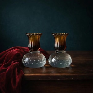 Pairpoint Clear Controlled Bubble Fluted Gold Art Glass Vintage Candle Holders Set