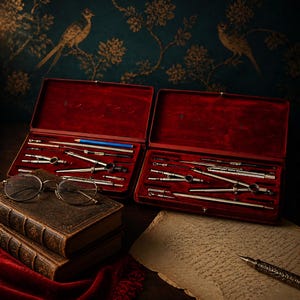 May include: Two open red velvet cases with drafting tools, a blue pencil, and a pair of eyeglasses. A stack of antique books and a sheet of handwritten paper are also present. The background features a teal wallpaper with gold bird and floral patterns.