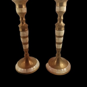 Handcrafted Brass Candle Stick Holders with Mother of Pearl Inlay, Vintage Indian Decor,