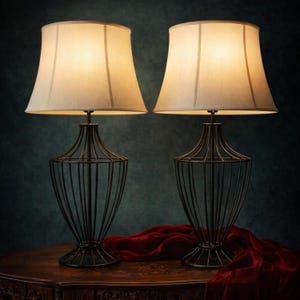 MCM Iron Table Lamps Black Cage Design set Mid Century Modern Light Pair