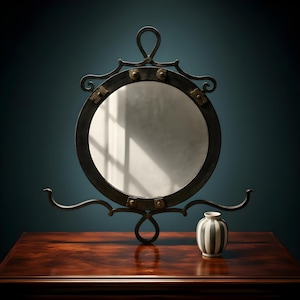 Antique Wrought Iron Mirror Industrial Wall Decor Brass Accents Vintage French Frame Circa 1890-1910