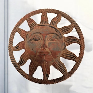 Iron Sun Wall Hanging with Face Design, Rustic Metal Art