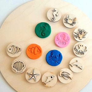 Op de afbeelding: Een set van 13 houten stempels met verschillende zeedieren, waaronder een zeester, een krab, een zeepaardje, een dolfijn, een kwal, een haai, een schelp, een octopus, een koraal en twee vissen. De stempels zijn gerangschikt op een houten cirkel met kleurrijk klei.