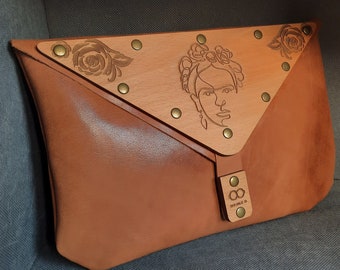 Frida Kahlo Pattern Birch Wood & Leather Handbag | Perfect Clutch for any Season w/ Birch Wood | Boho Wooden Leather Purse