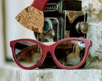 HANDMADE WOODEN SUNGLASSES ||Cat Eye Design-Purpleheart wood|| Black lenses ||Made in Crete-Greece