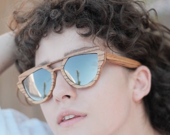 HANDMADE WOODEN SUNGLASSES || Zebrano Wood-Silver Mirror lenses ||handmade in Crete-Greece