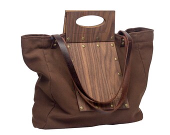 Handmade Wooden Handbag|| Walnut Wood ||Linen fabric || designed and  handmade in Crete-Greece