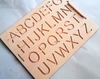Montessori alfabet schrijfbord voor kinderen, schrijfbord voor peuters, gepersonaliseerd educatief speelgoed van berkenhout, cadeau voor schrijfoefeningen