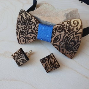 Wedding Wooden Bow Tie Perfect Groomsmen Gift Amazing Wooden Floral Groom Bow Tie Personalized w/ Name & Date Engraving on the Back image 7