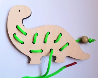 Dinosaure à laçage en bois | Jouet à lacer en bois Dino | Jouet de couture | Jouet de motricité | Matériel éducatif Montessori en bois