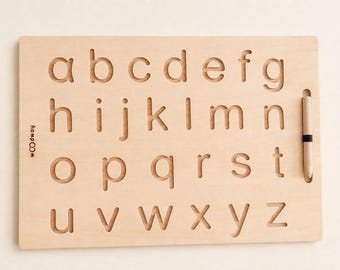 Tableau d'écriture en bois avec alphabet minuscule, outil Montessori pour la pré-écriture en maternelle, pratique de l'écriture, cadeau personnalisé